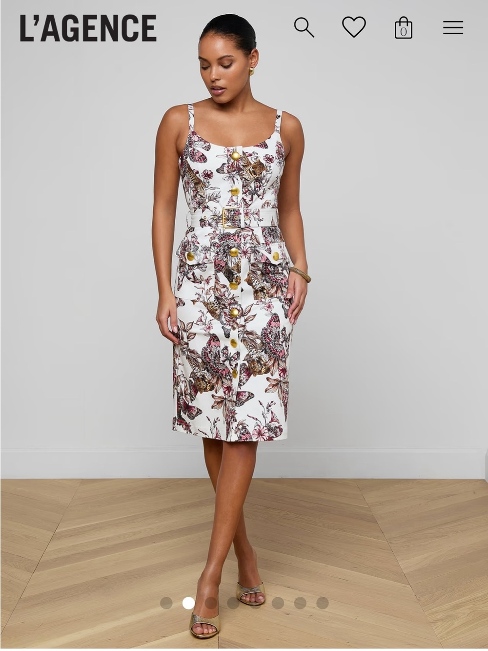 L'AGENCE White Floral Midi Dress with Belt